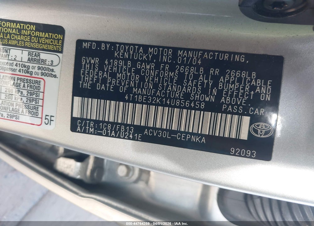 2004 TOYOTA CAMRY LE VIN: 4T1BE32K14U856458