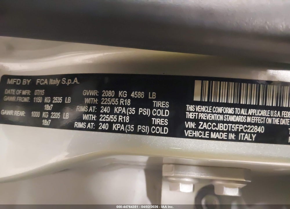 2015 JEEP RENEGADE LIMITED VIN: ZACCJBDT5FPC22840