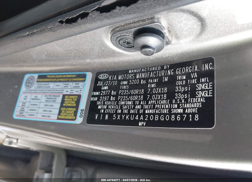 2011 KIA SORENTO EX V6 VIN: 5XYKU4A20BG086718