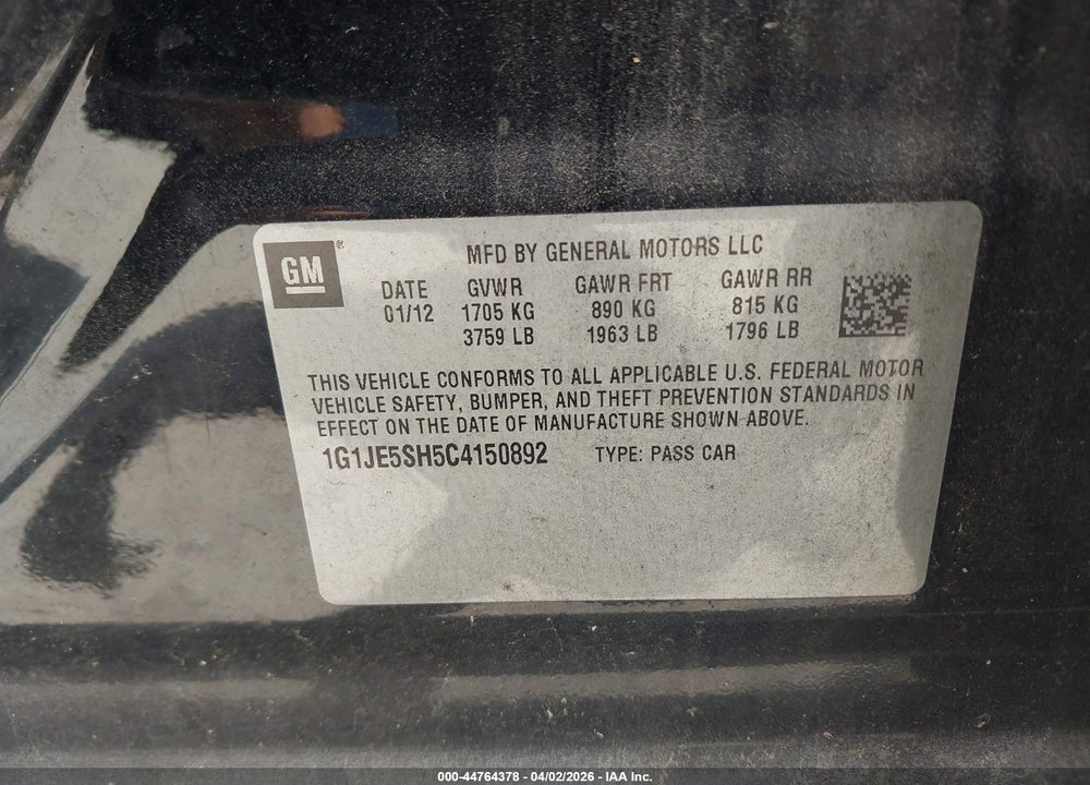 2012 CHEVROLET SONIC 2LZ VIN: 1G1JE5SH5C4150892
