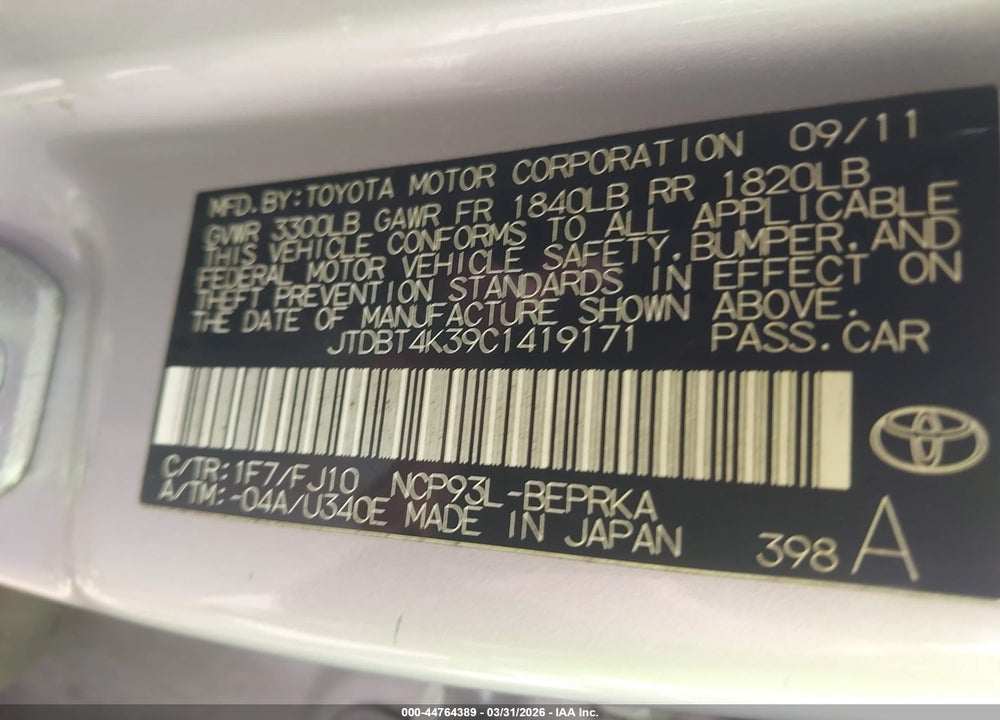 2012 TOYOTA YARIS VIN: JTDBT4K39C1419171