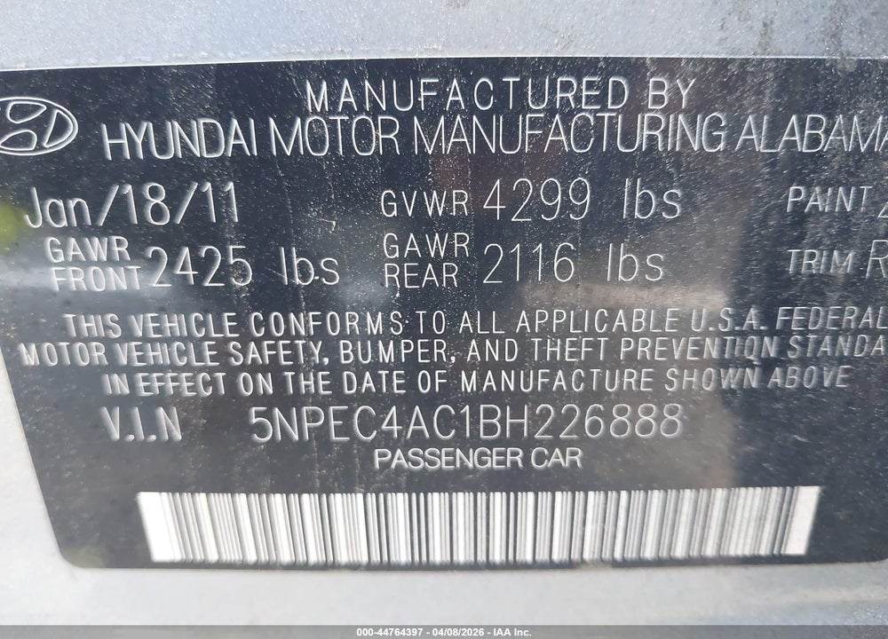 2011 HYUNDAI SONATA SE VIN: 5NPEC4AC1BH226888