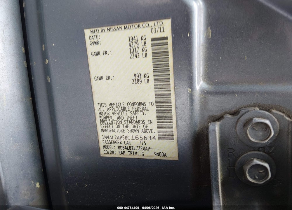 2011 NISSAN ALTIMA 2.5 S VIN: 1N4AL2AP5BC165634