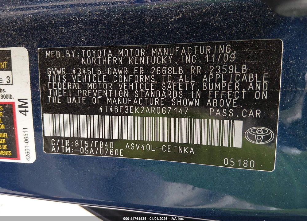 2010 TOYOTA CAMRY LE VIN: 4T4BF3EK2AR067147