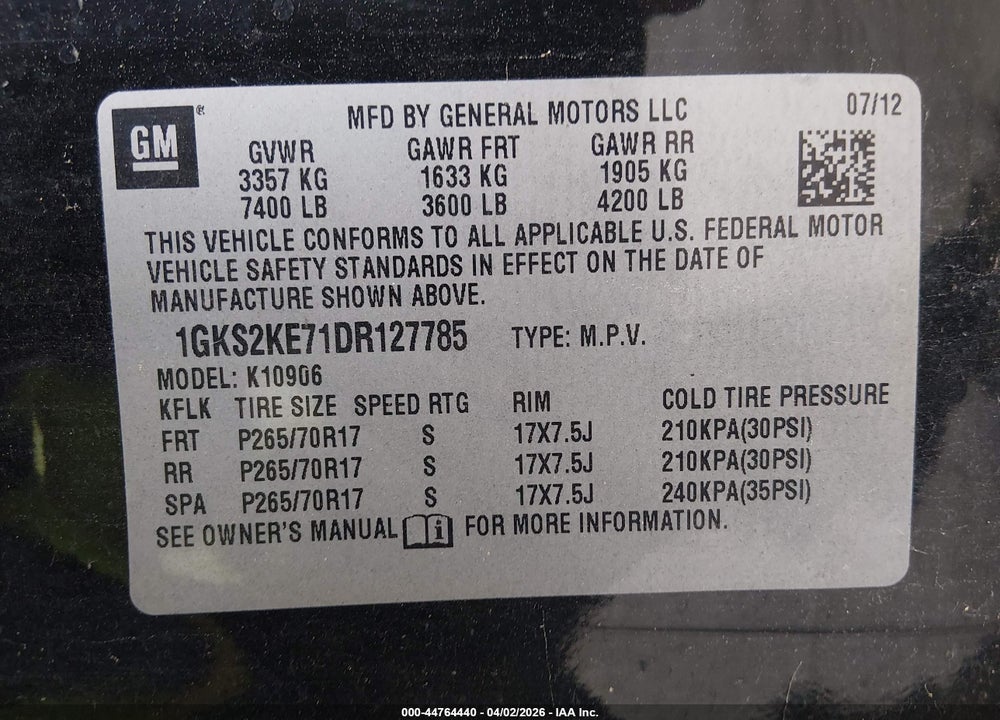 2013 GMC YUKON XL 1500 SLT VIN: 1GKS2KE71DR127785