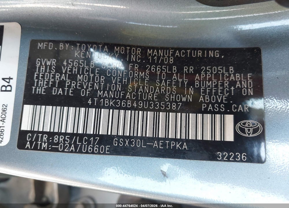 2009 TOYOTA AVALON LIMITED VIN: 4T1BK36B49U335387