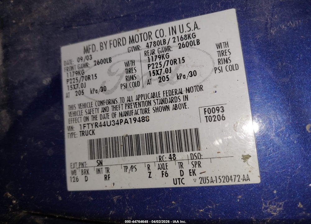 2004 FORD RANGER EDGE/TREMOR/XLT VIN: 1FTYR44U34PA19488