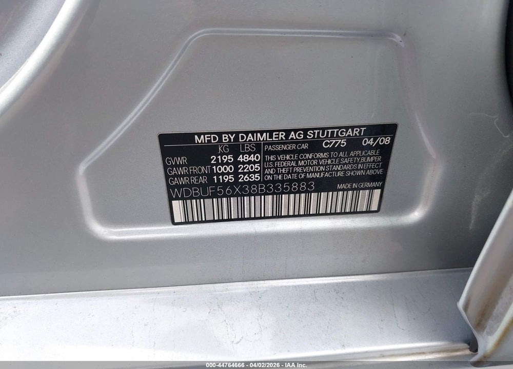 2008 MERCEDES-BENZ E 350 VIN: WDBUF56X38B335883