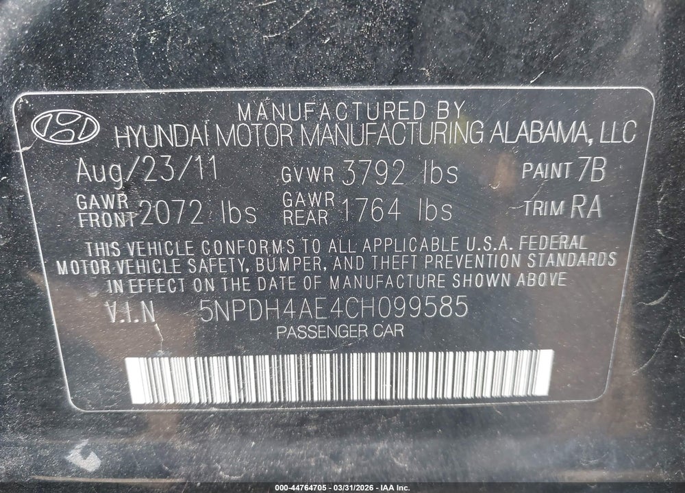 2012 HYUNDAI ELANTRA GLS VIN: 5NPDH4AE4CH099585