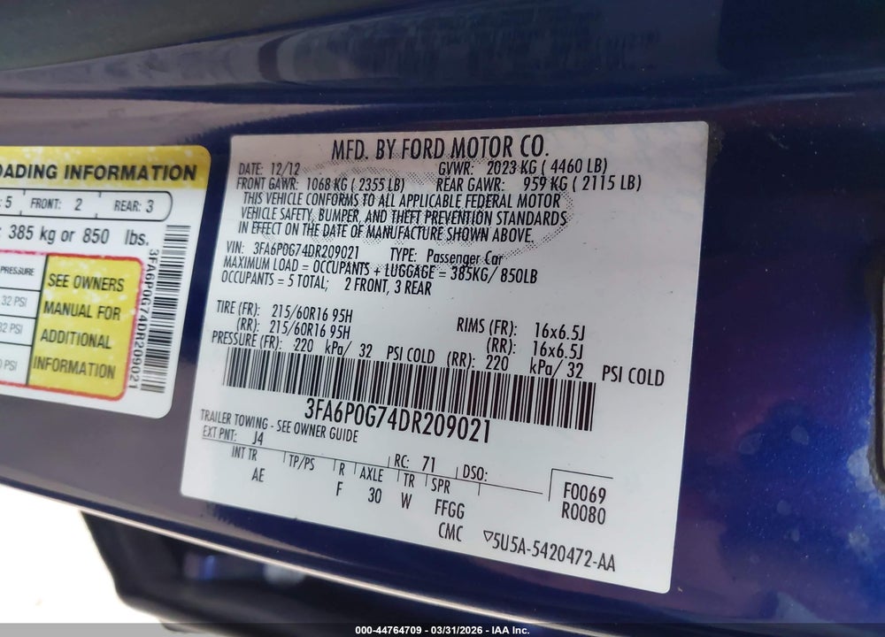 2013 FORD FUSION S VIN: 3FA6P0G74DR209021