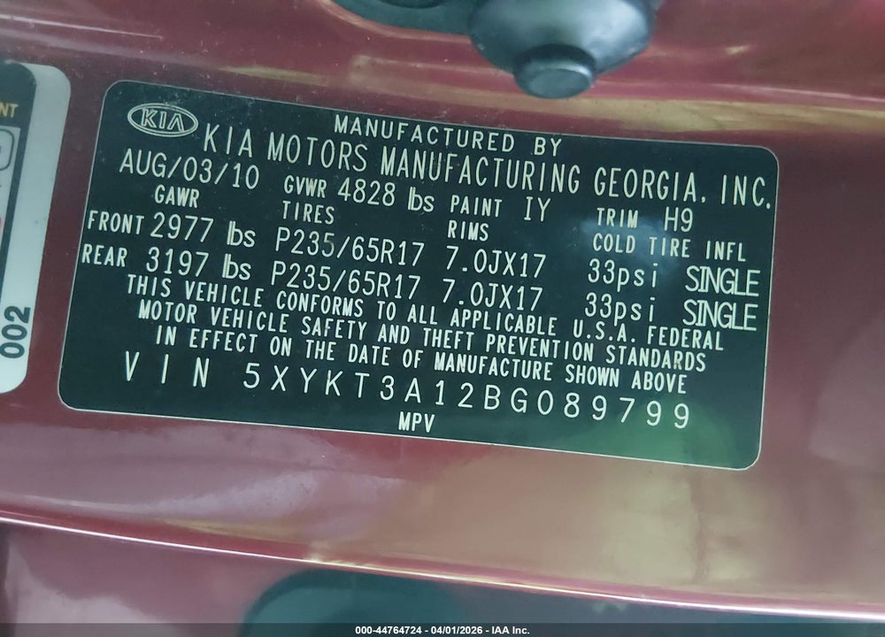2011 KIA SORENTO LX VIN: 5XYKT3A12BG089799