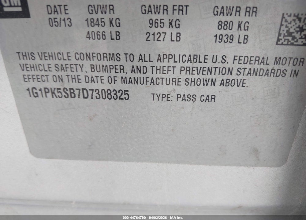 2013 CHEVROLET CRUZE LT VIN: 1G1PK5SB7D7308325