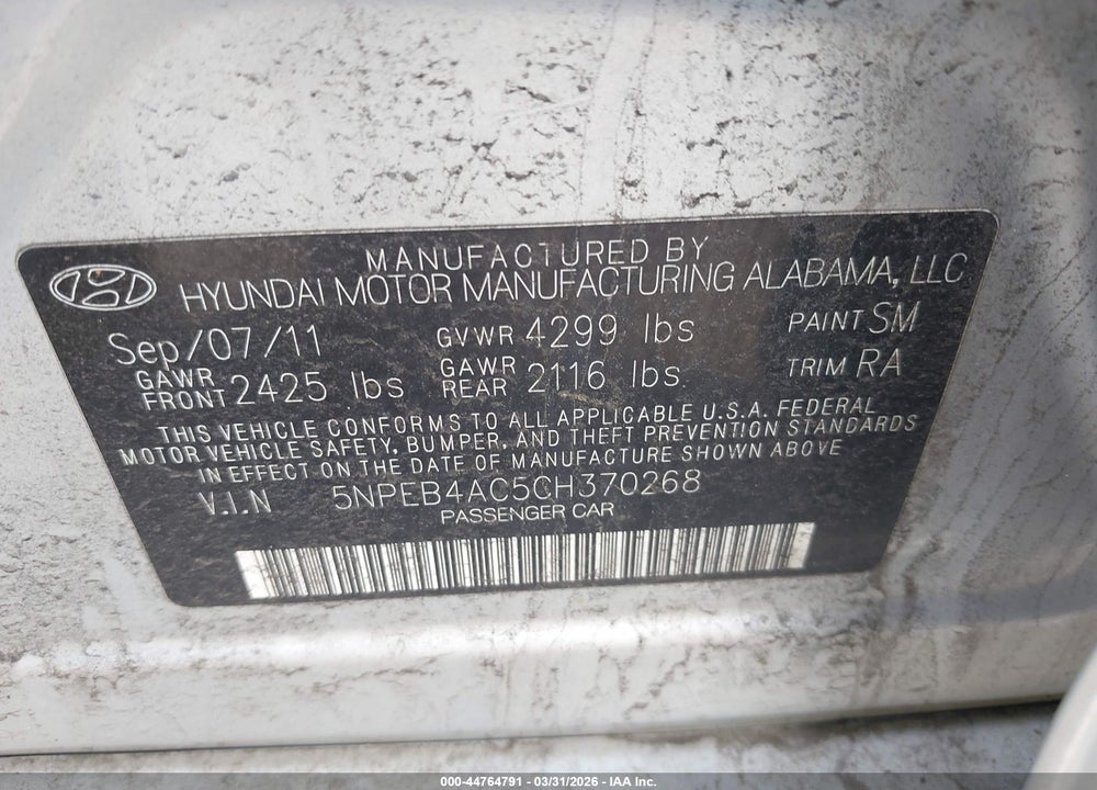 2012 HYUNDAI SONATA GLS VIN: 5NPEB4AC5CH370268