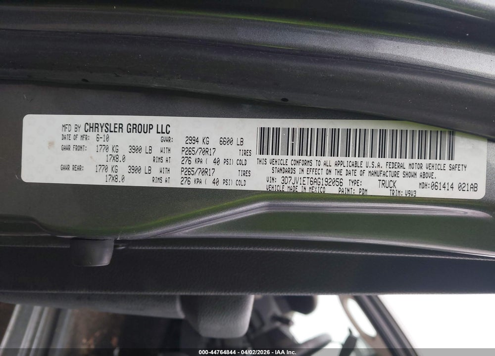 2010 DODGE RAM 1500 ST VIN: 3D7JV1ET6AG192056