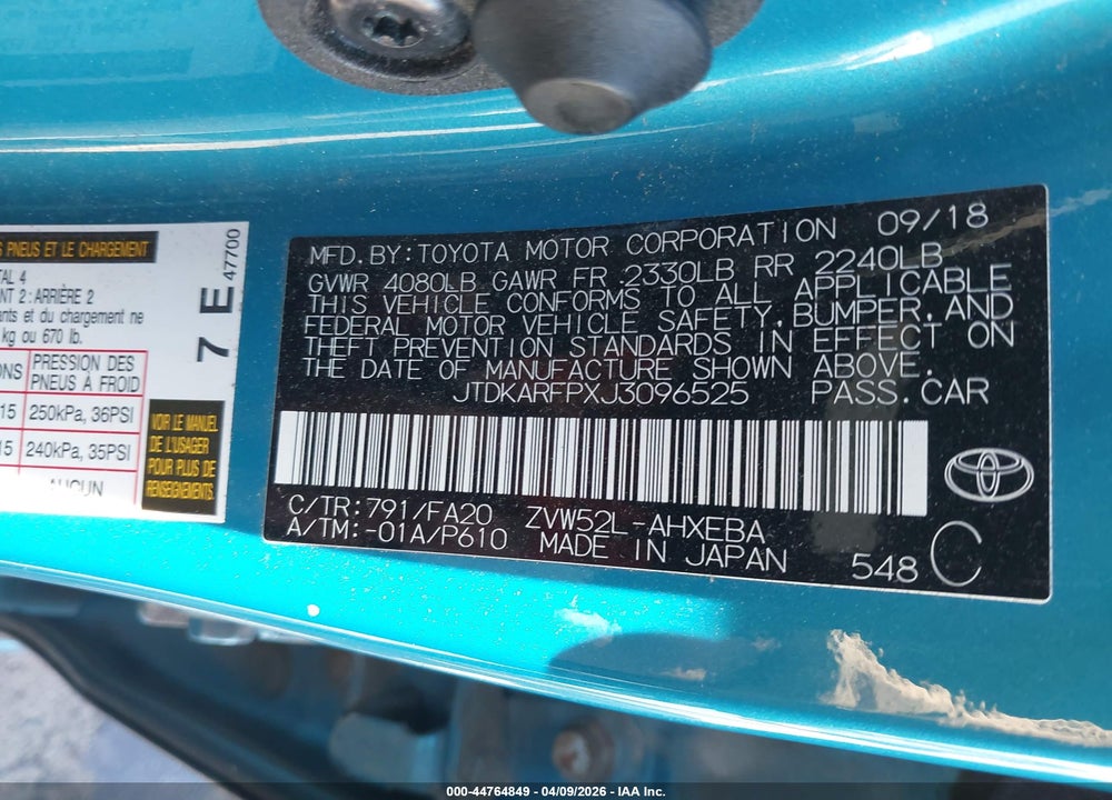 2018 TOYOTA PRIUS PRIME PLUS VIN: JTDKARFPXJ3096525