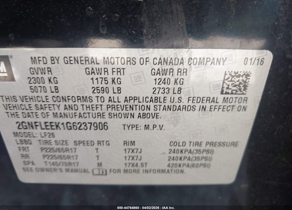 2016 CHEVROLET EQUINOX LS VIN: 2GNFLEEK1G6237906