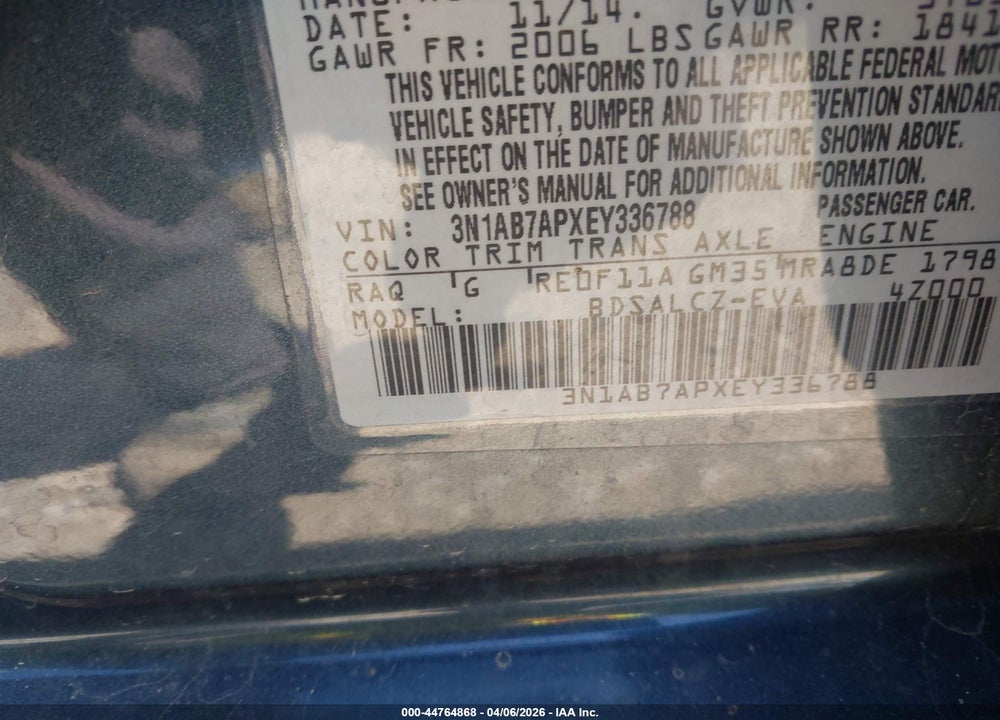 2014 NISSAN SENTRA S VIN: 3N1AB7APXEY336788