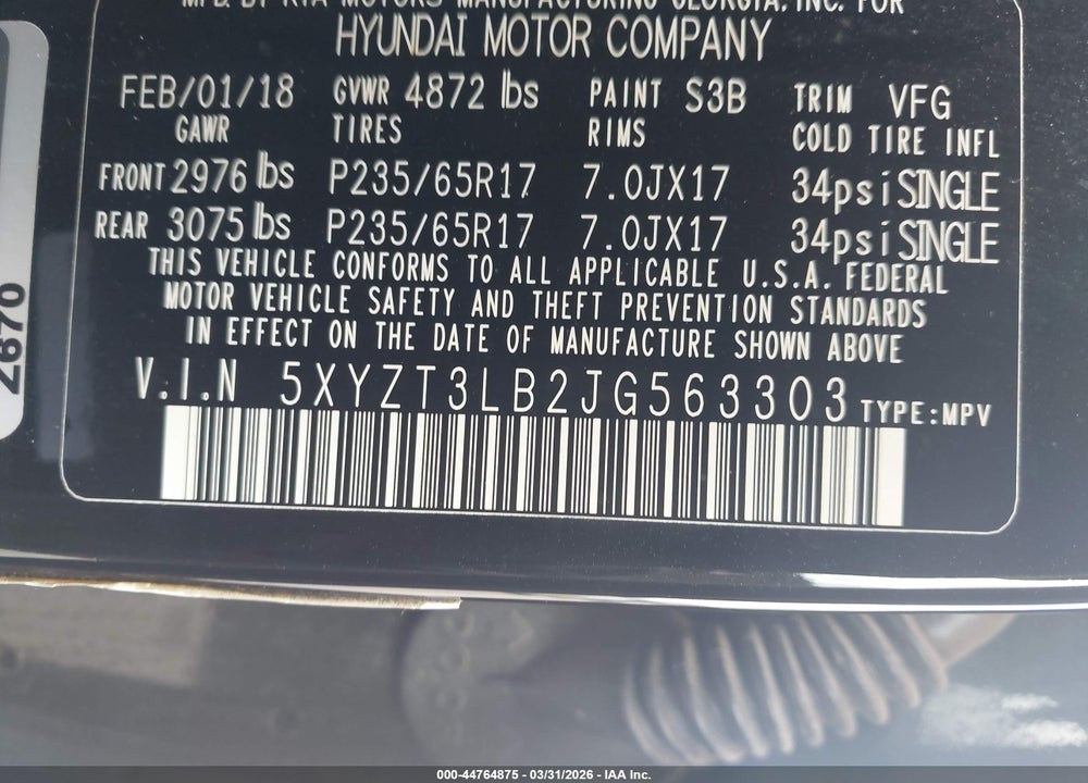 2018 HYUNDAI SANTA FE SPORT 2.4L VIN: 5XYZT3LB2JG563303