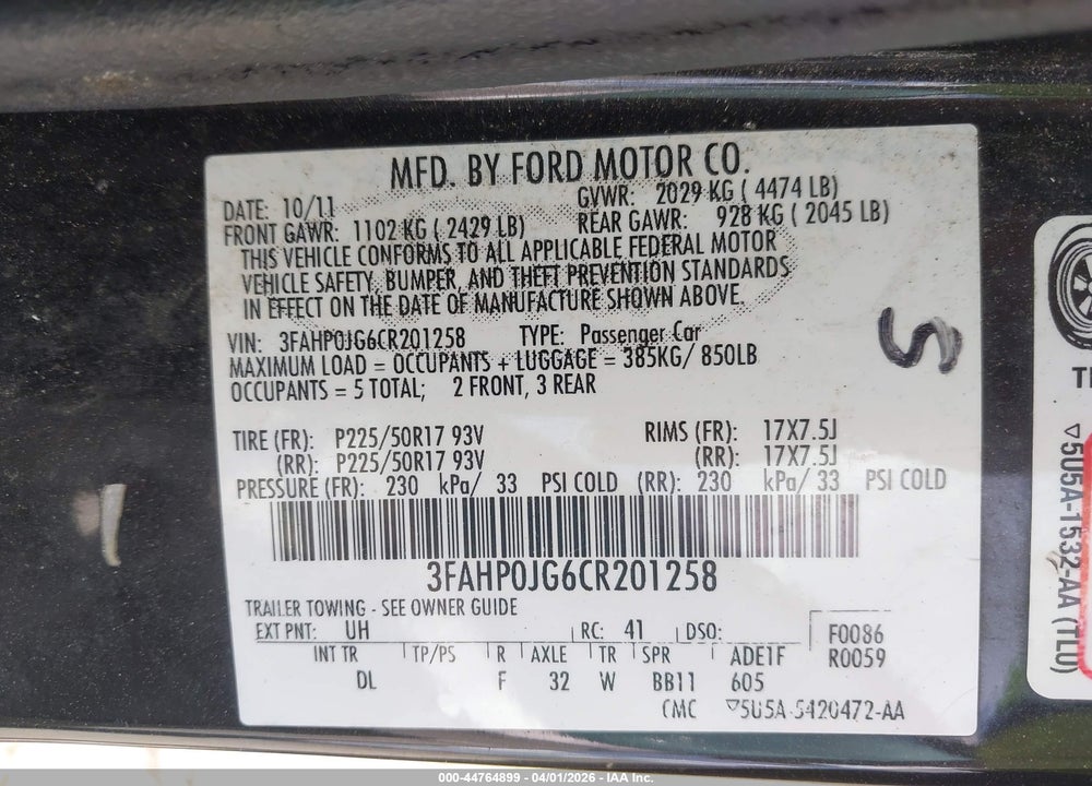 2012 FORD FUSION SEL VIN: 3FAHP0JG6CR201258