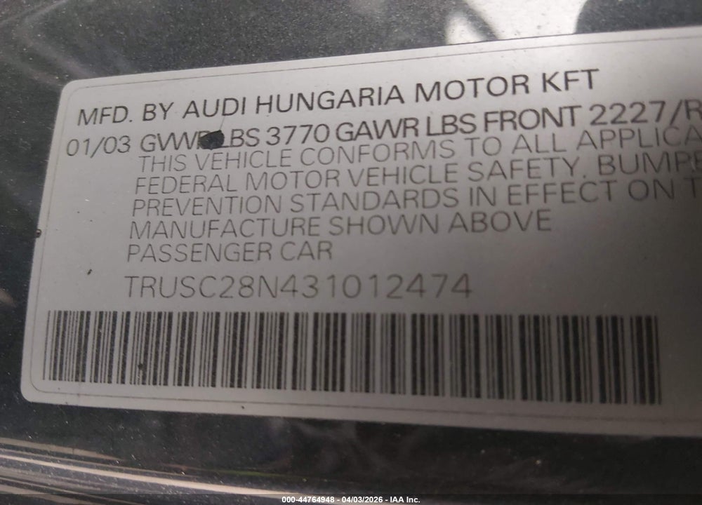 2003 AUDI TT 1.8L VIN: TRUSC28N431012474