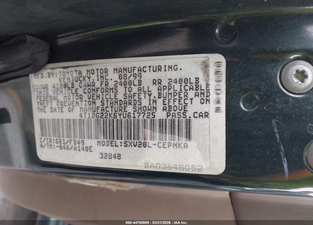 2000 TOYOTA CAMRY LE VIN: 4T1BG22K6YU617725