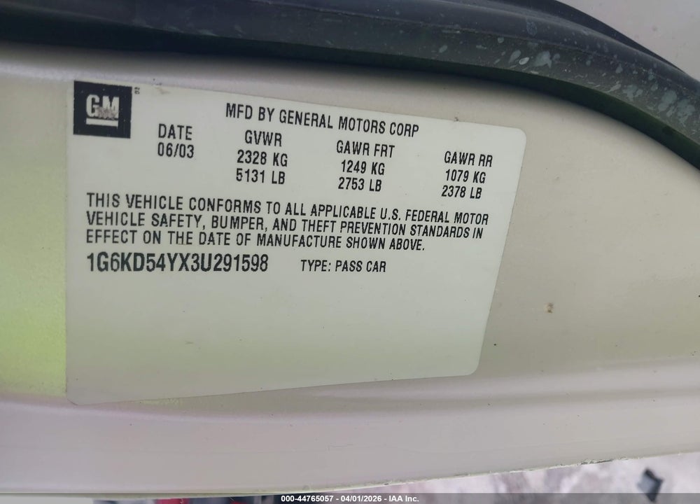 2003 CADILLAC DEVILLE STANDARD VIN: 1G6KD54YX3U291598