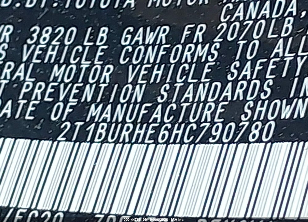 2017 TOYOTA COROLLA SE VIN: 2T1BURHE6HC790780