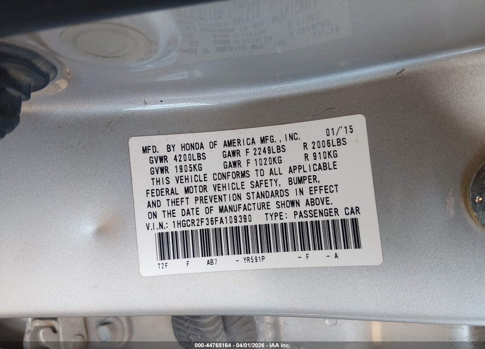 2015 HONDA ACCORD LX VIN: 1HGCR2F36FA109390