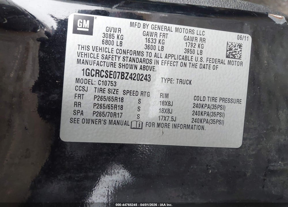 2011 CHEVROLET SILVERADO 1500 LT VIN: 1GCRCSE07BZ420243