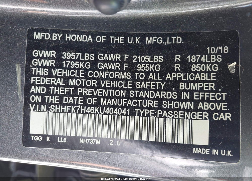 2019 HONDA CIVIC SPORT VIN: SHHFK7H46KU404041