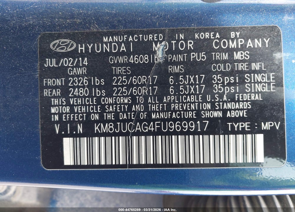 2015 HYUNDAI TUCSON SE VIN: KM8JUCAG4FU969917