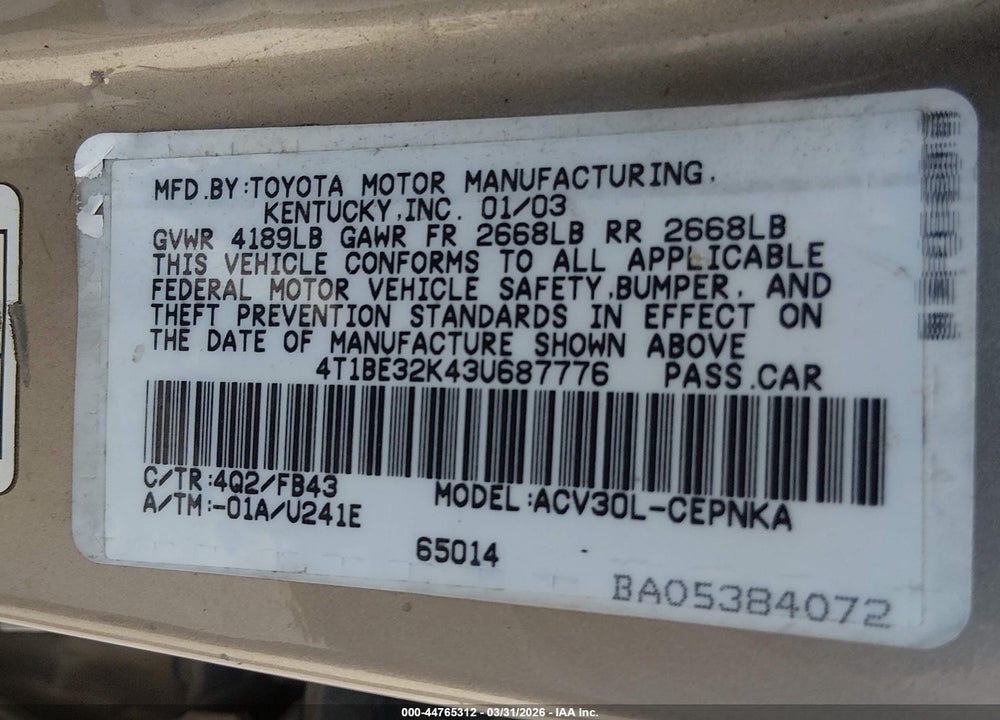2003 TOYOTA CAMRY LE VIN: 4T1BE32K43U687776