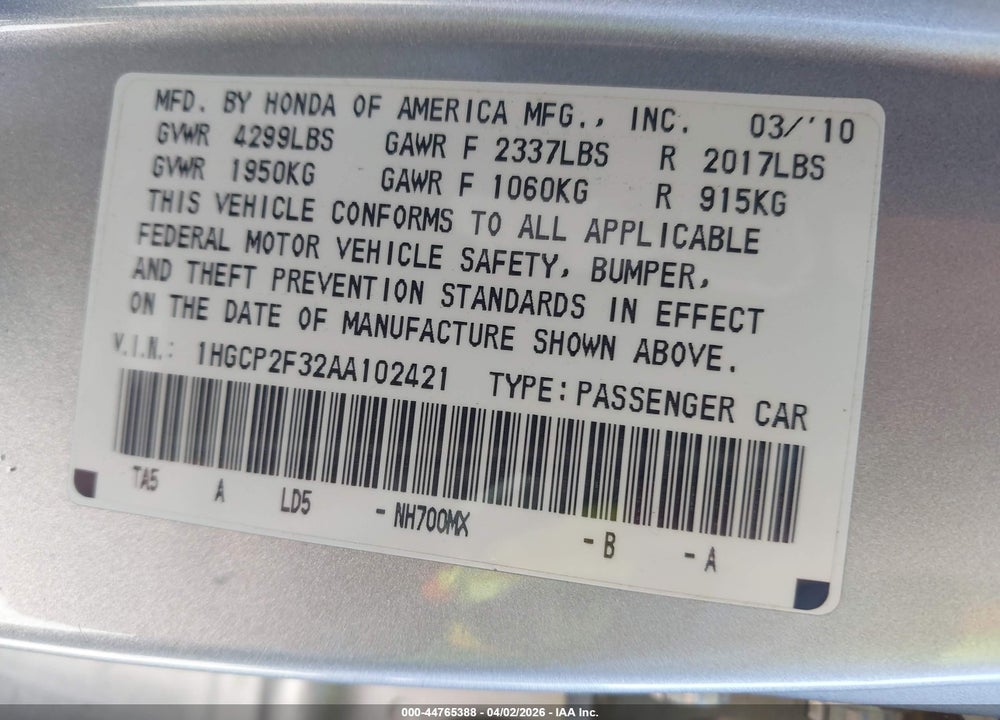 2010 HONDA ACCORD 2.4 LX VIN: 1HGCP2F32AA102421
