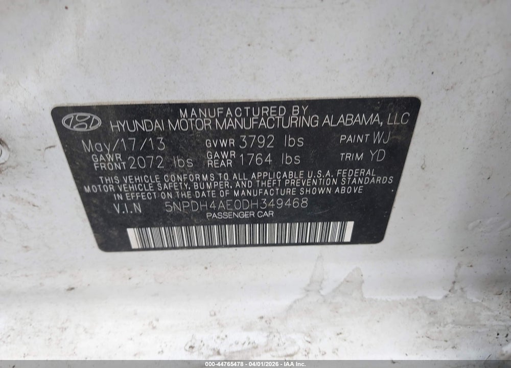 2013 HYUNDAI ELANTRA GLS VIN: 5NPDH4AE0DH349468