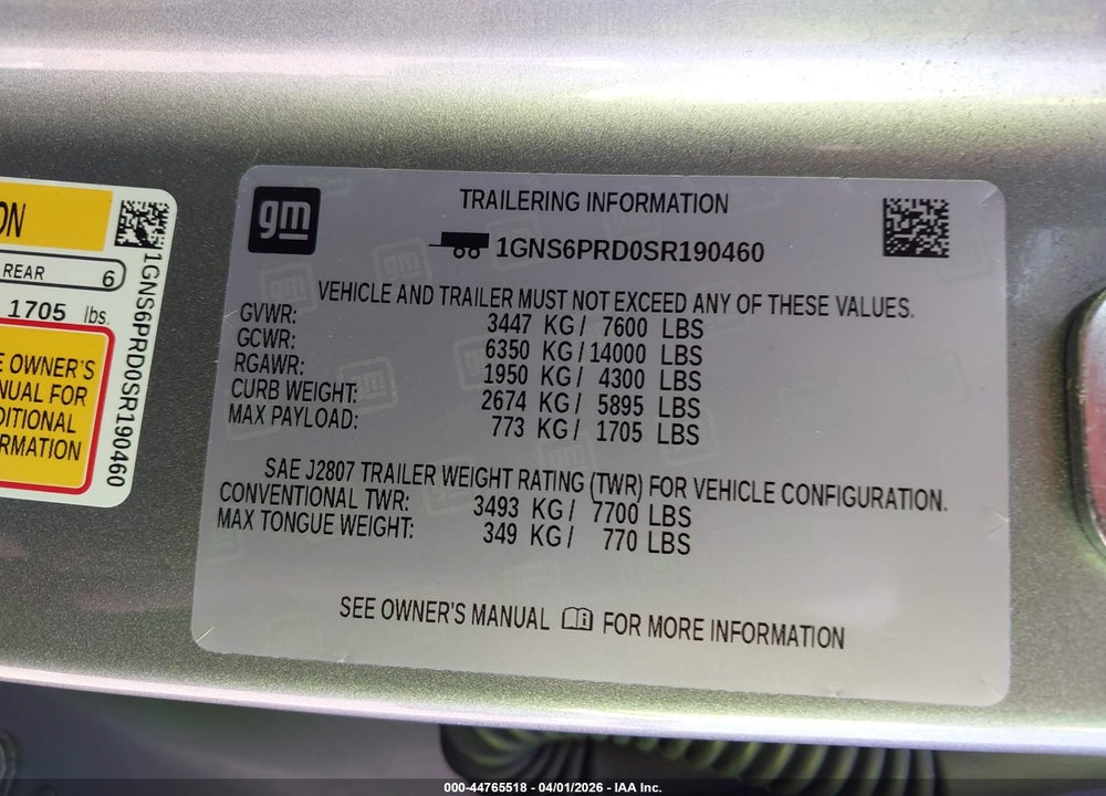 2025 CHEVROLET TAHOE 4WD Z71 VIN: 1GNS6PRD0SR190460
