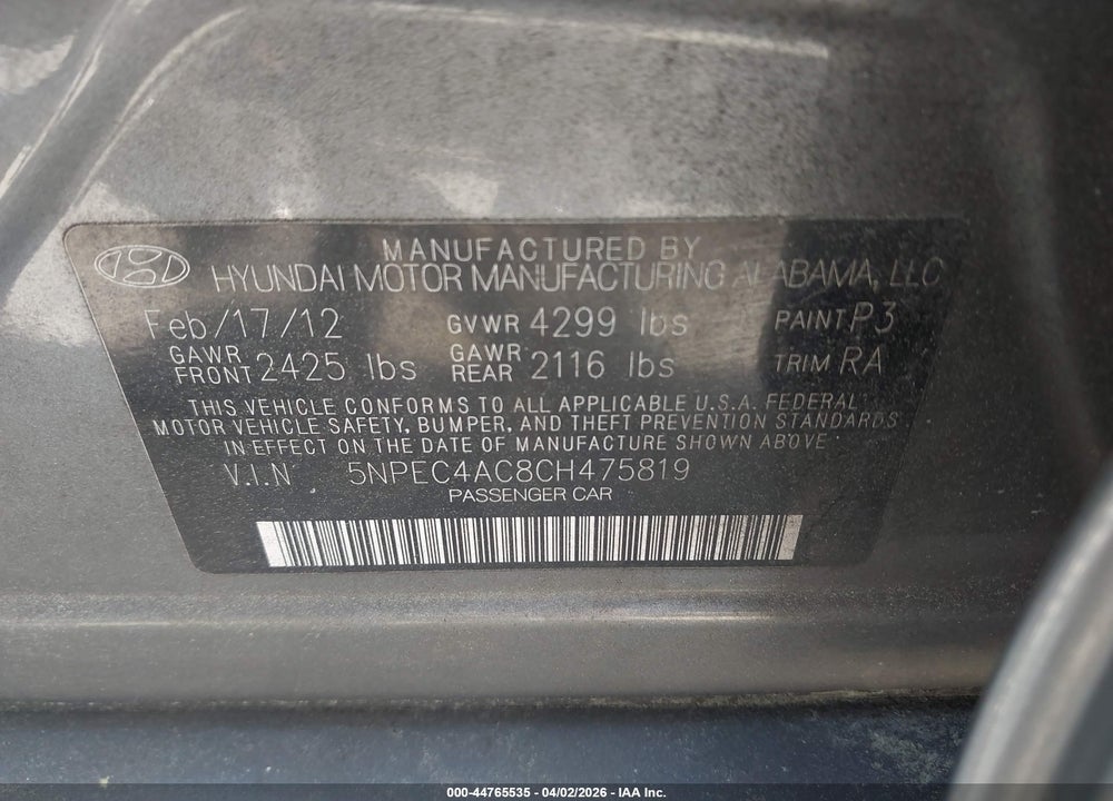 2012 HYUNDAI SONATA LIMITED VIN: 5NPEC4AC8CH475819