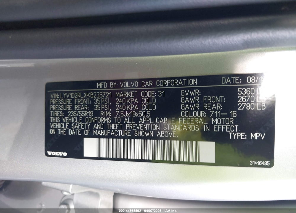 2019 VOLVO XC60 T5 INSCRIPTION VIN: LYV102RLXKB235721