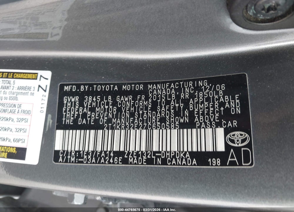 2007 TOYOTA MATRIX VIN: 2T1KR32E27C650585