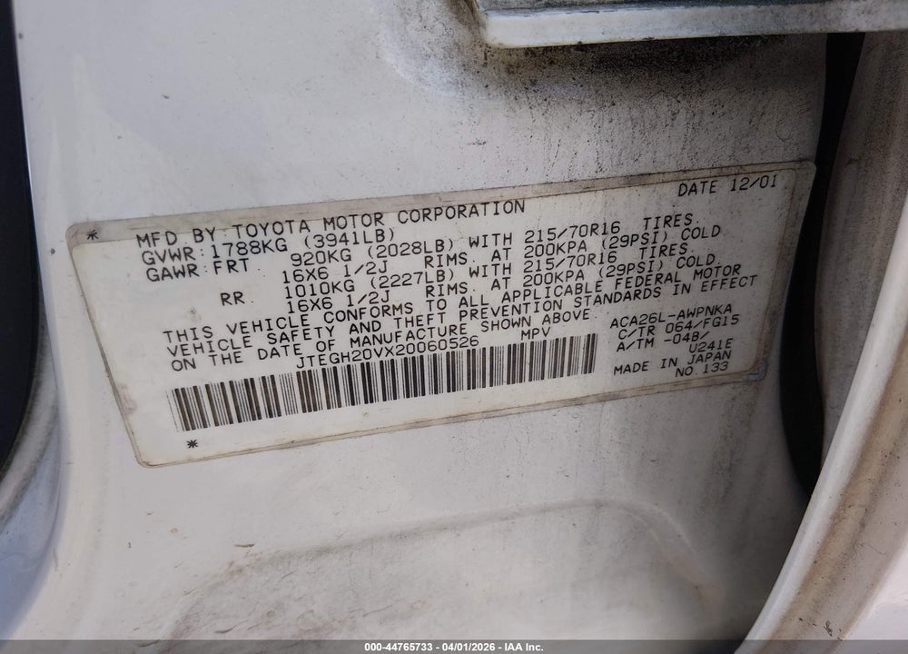 2002 TOYOTA RAV4 VIN: JTEGH20VX20060526