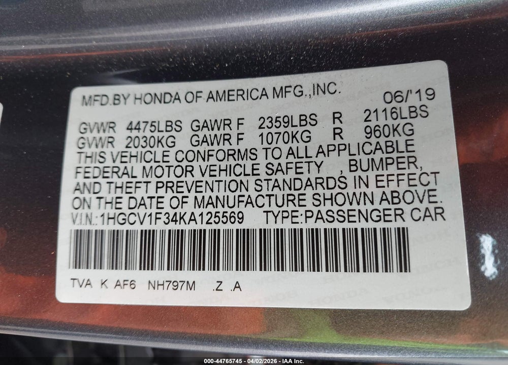 2019 HONDA ACCORD SPORT VIN: 1HGCV1F34KA125569