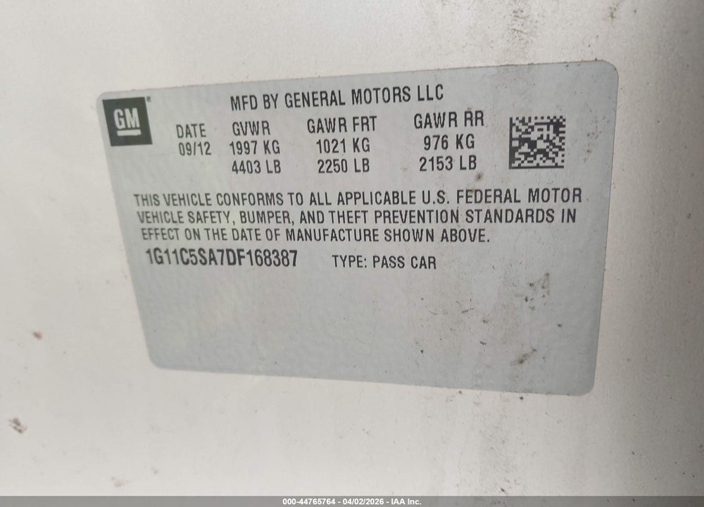 2013 CHEVROLET MALIBU 1LT VIN: 1G11C5SA7DF168387