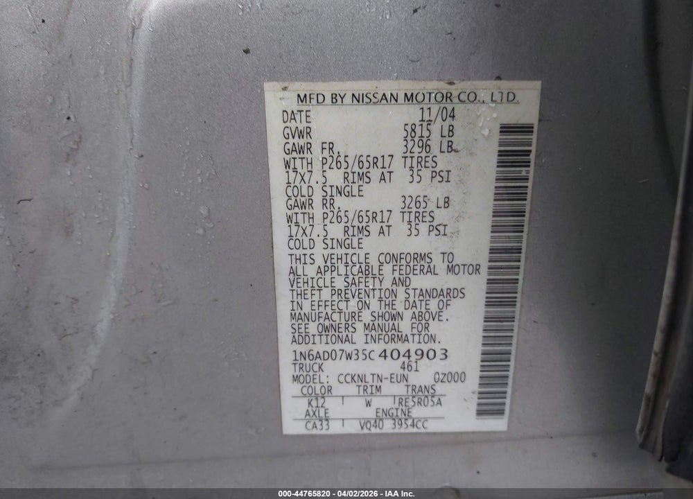 2005 NISSAN FRONTIER LE VIN: 1N6AD07W35C404903