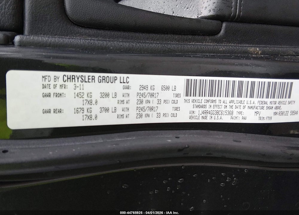 2011 JEEP GRAND CHEROKEE LAREDO VIN: 1J4RR4GG3BC615368