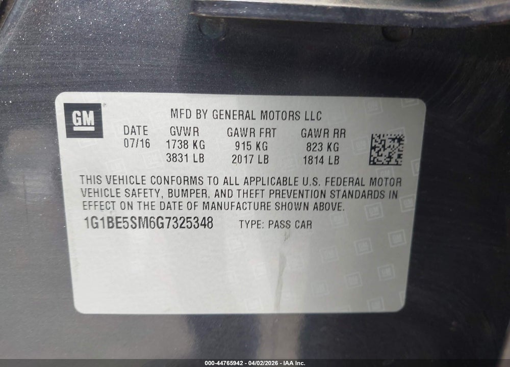2016 CHEVROLET CRUZE LT AUTO VIN: 1G1BE5SM6G7325348