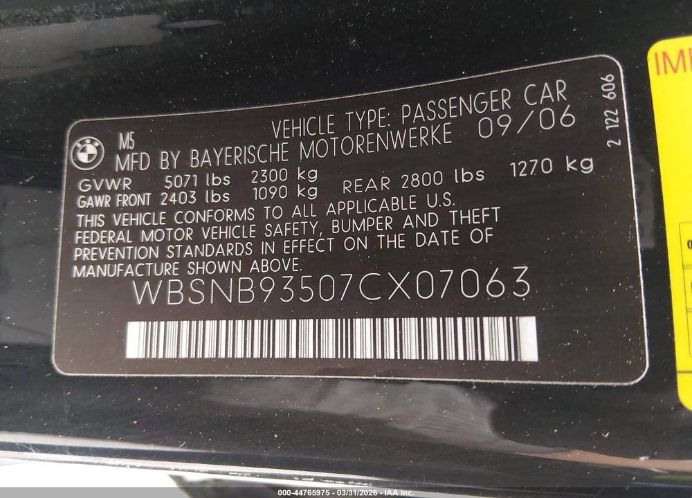 2007 BMW M5 VIN: WBSNB93507CX07063