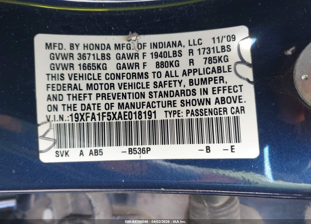 2010 HONDA CIVIC LX VIN: 19XFA1F5XAE018191
