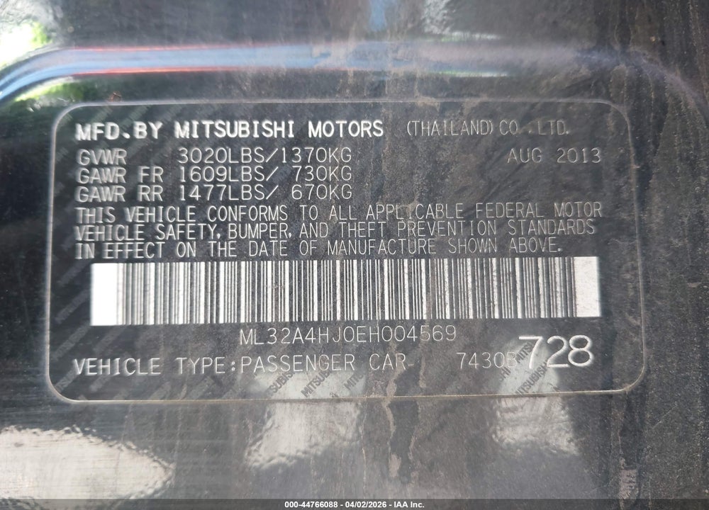 2014 MITSUBISHI MIRAGE ES VIN: ML32A4HJ0EH004569