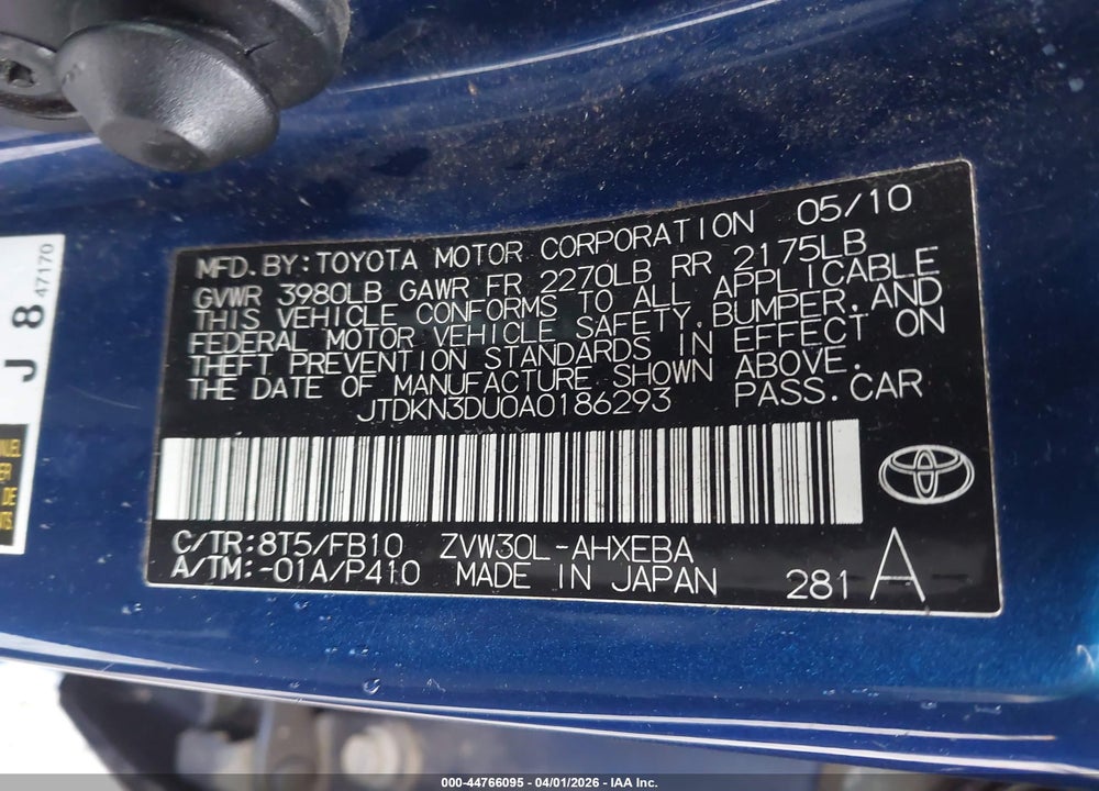 2010 TOYOTA PRIUS III VIN: JTDKN3DU0A0186293