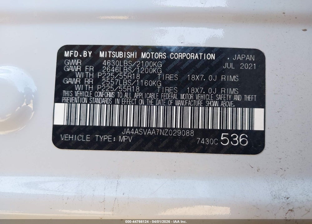 2022 MITSUBISHI ECLIPSE CROSS LE VIN: JA4ASVAA7NZ029088
