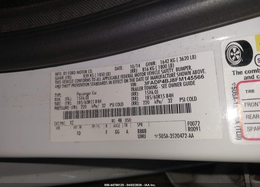 2015 FORD FIESTA SE VIN: 3FADP4BJ8FM145566